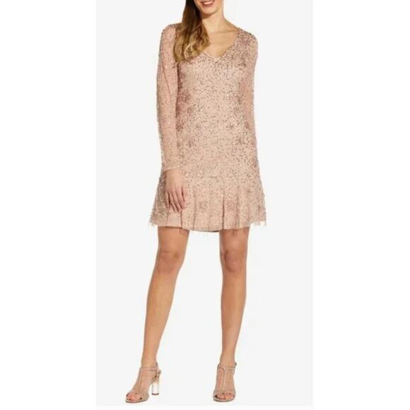 ADRIANNA PAPELL NWT Beaded Cocktail Dress AP1E208670 in Biscotti // 6 - Picture 1 of 14